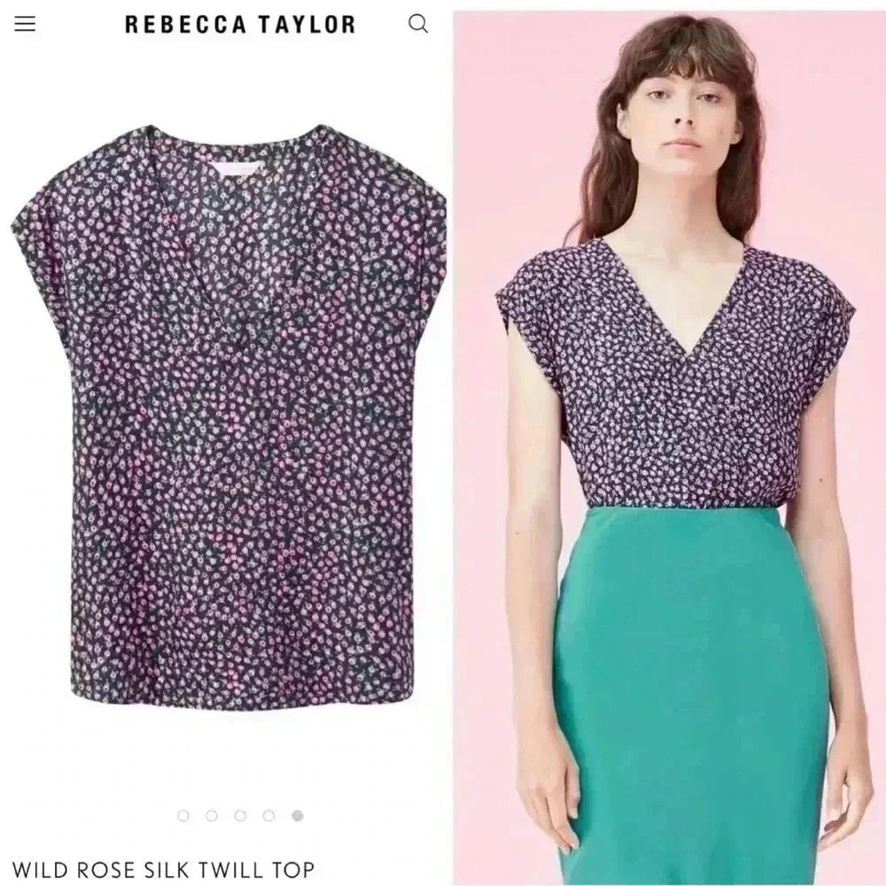 Rebecca Taylor Black Pink Wild Rose Silk V Neck Blouse Sz 2 (US Sz 6)